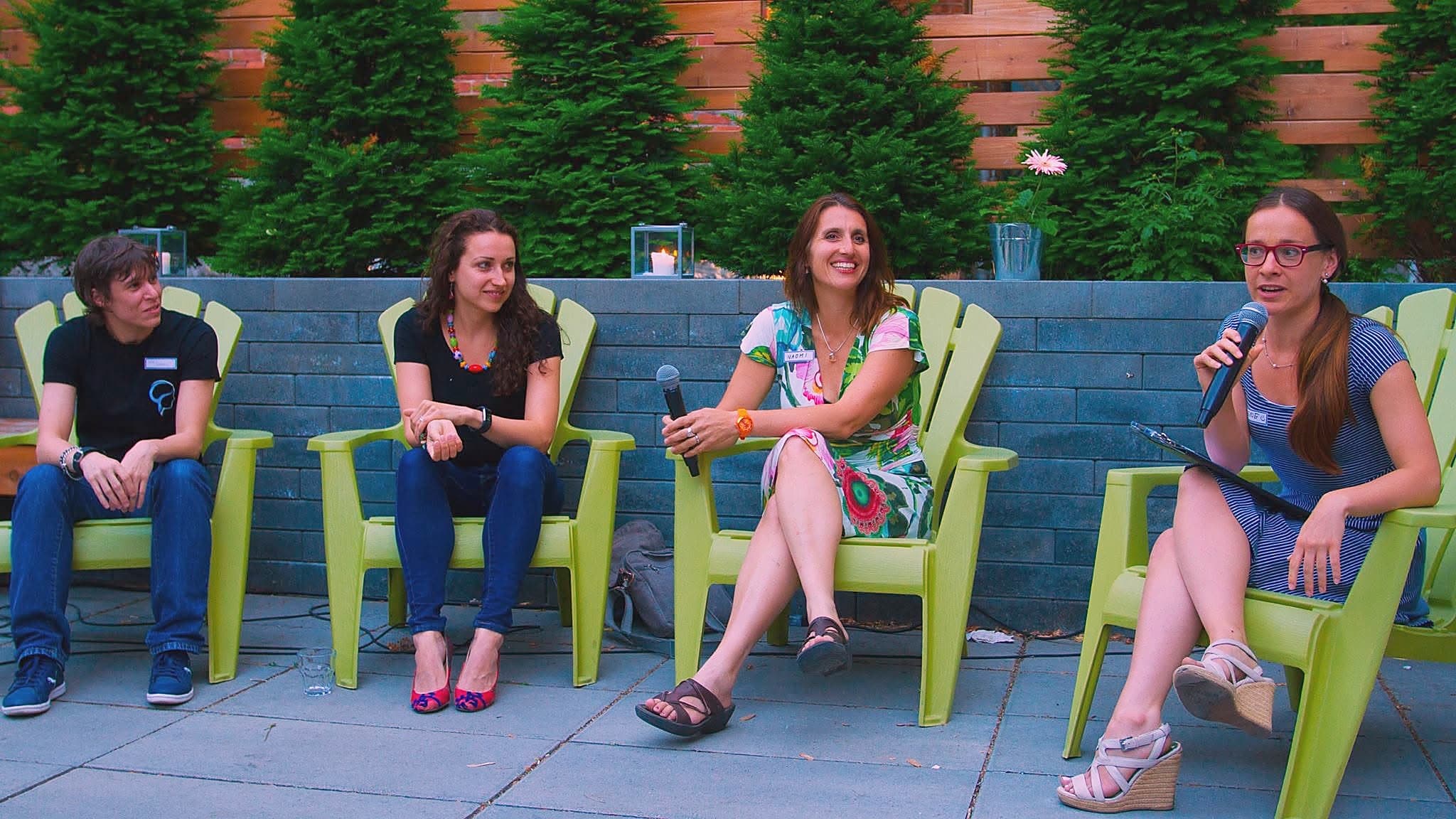 Irene (right) speaking on a panel at a Montreal startup-community event
