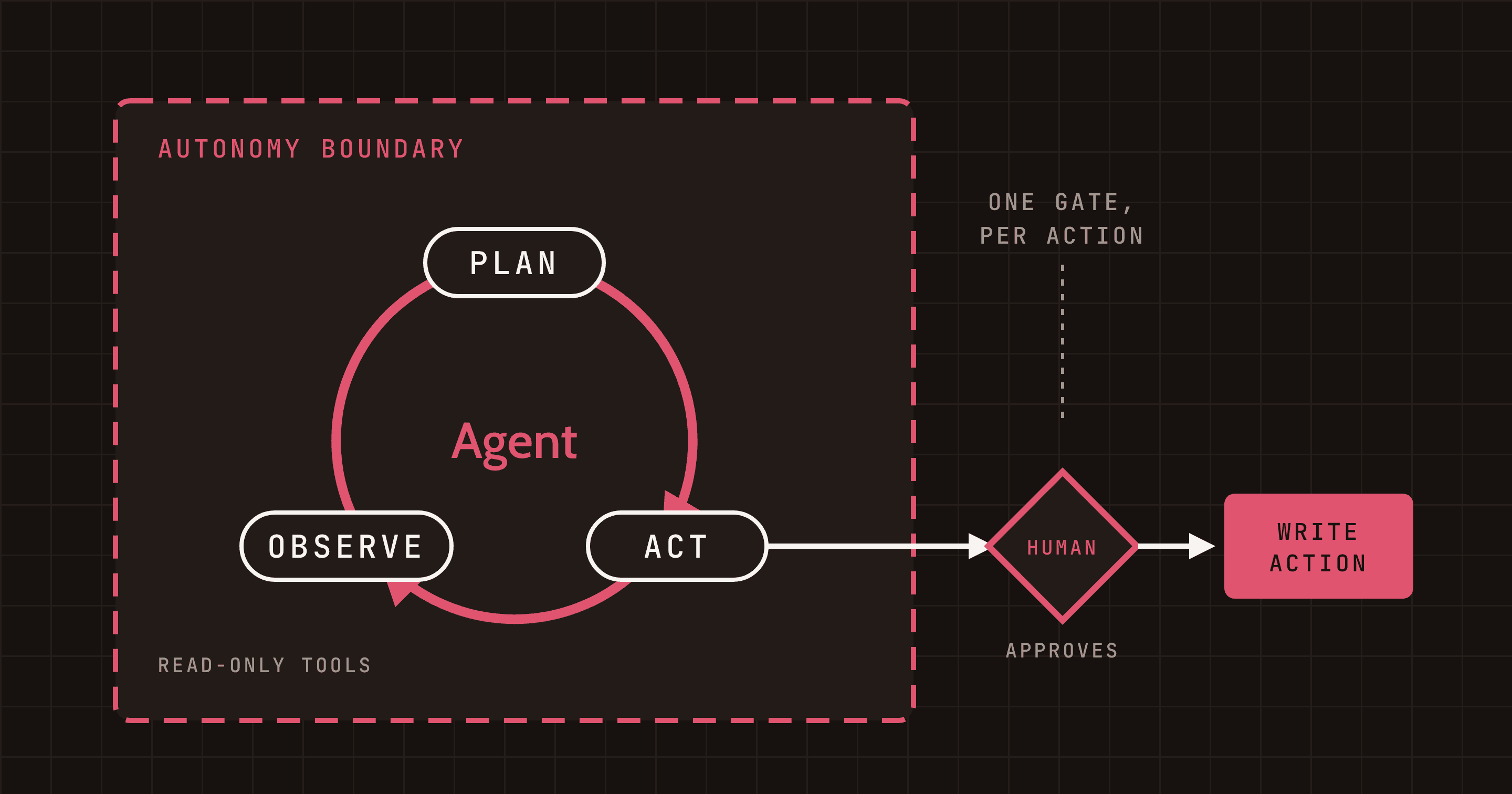 An agent loop of plan, act and observe inside a dashed autonomy boundary with read-only tools; its write action passes a human approval gate