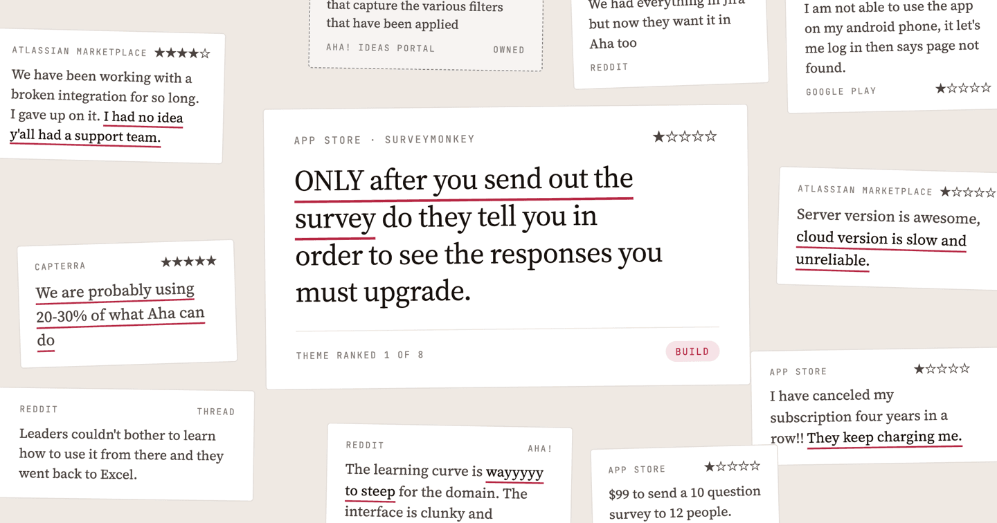 Public customer reviews quoted word for word, with the top theme ranked 1 of 8 and marked Build